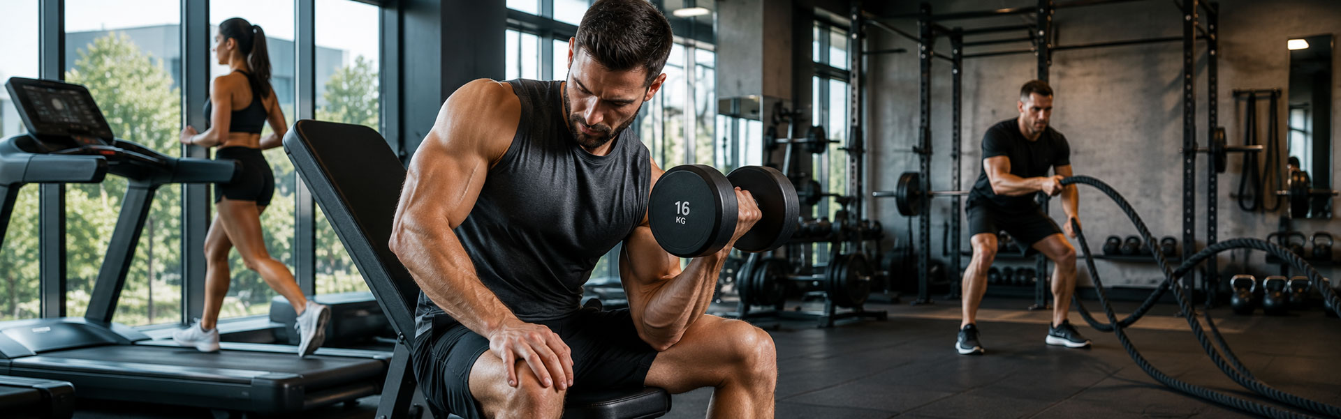 Bodybuilding i drugi sportovi kao različiti oblici fizičkog treningaperforms a seated dumbbell curl on an incline bench, 16 kg weight in hand, with gym equipment in the background.
