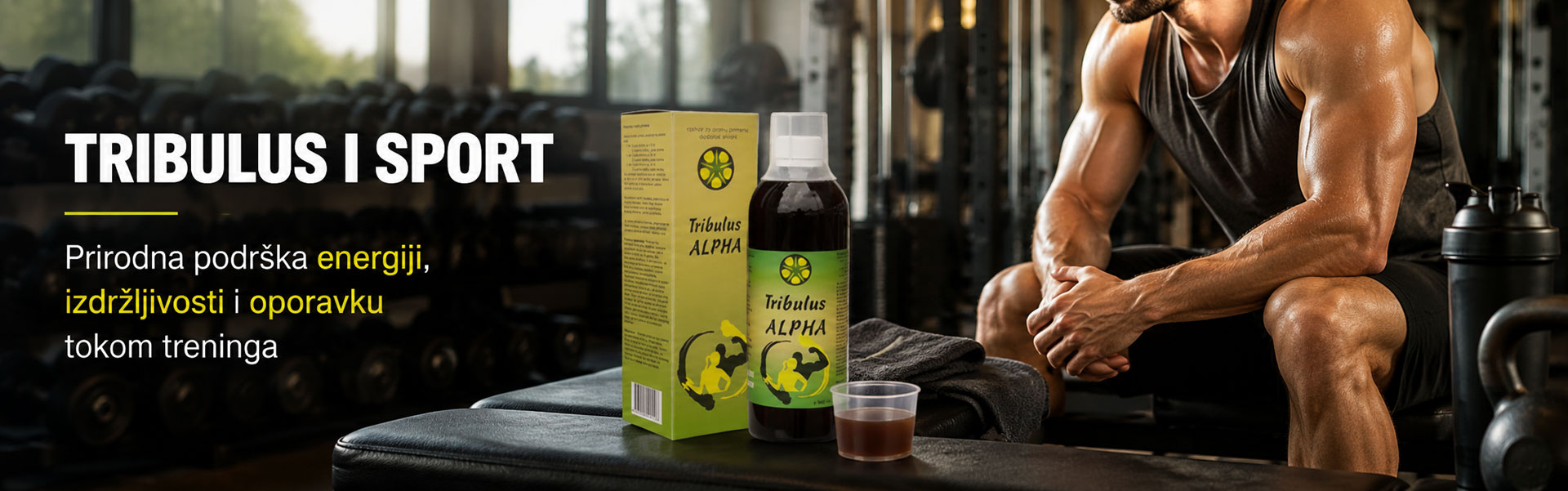 Tribulus Alpha ad: supplement bottles on a gym bench beside a muscular man, text promotes energy and endurance.